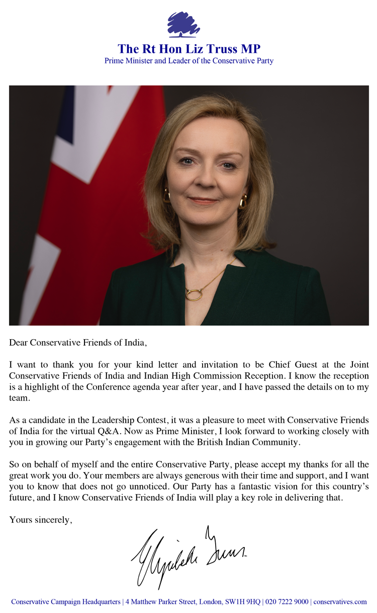 Letter from The Prime Minister The Rt. Hon. Liz Truss MP