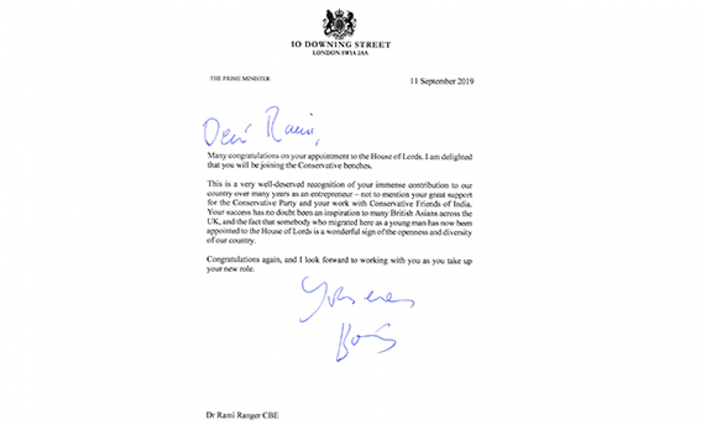 Letter from The Prime Minister to Dr. Rami Ranger CBE